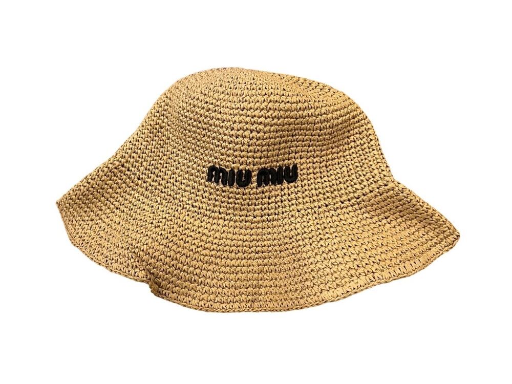 Miu Miu Raffia Straw Bucket Hat Natural Beige Black Logo Made in Italy
